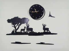 Big Wooden Grazing Deers in Meadows wall clock