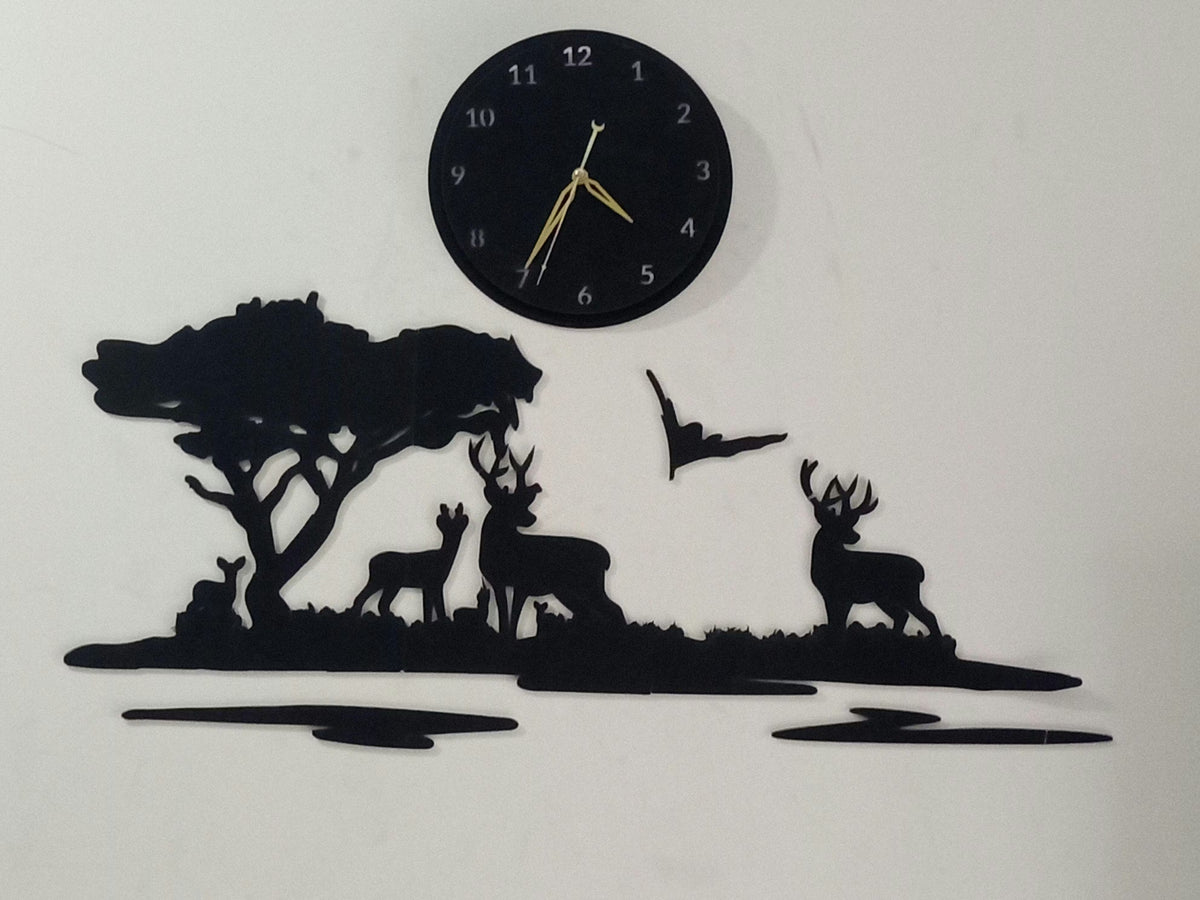 Big Wooden Grazing Deers in Meadows wall clock